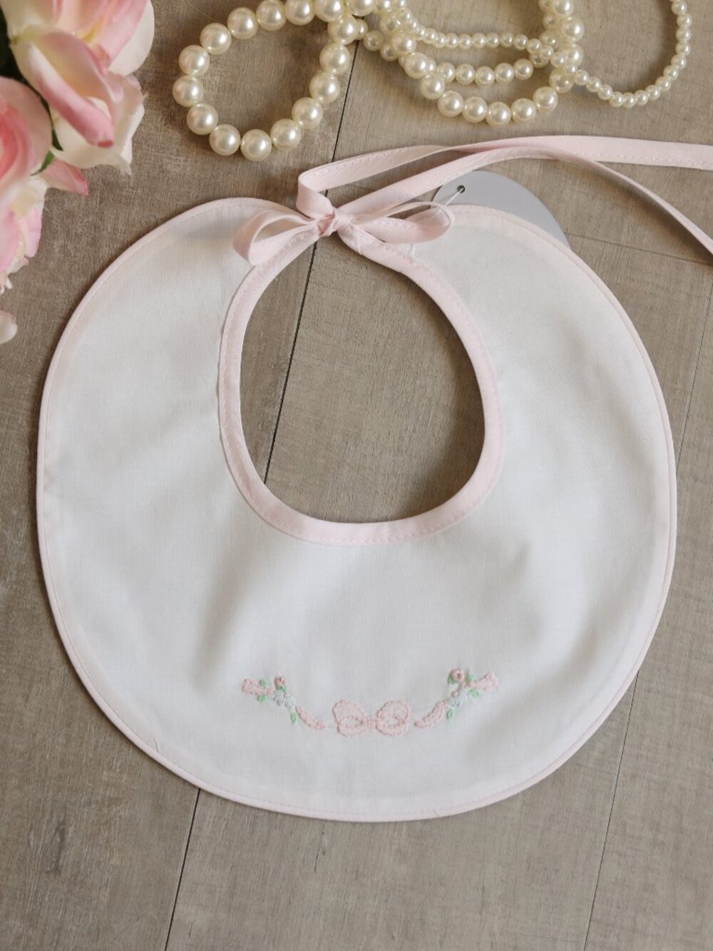 White and Pink Heirloom Bib Bow Embroidery Cotton Fully Lined Girls Accessory
